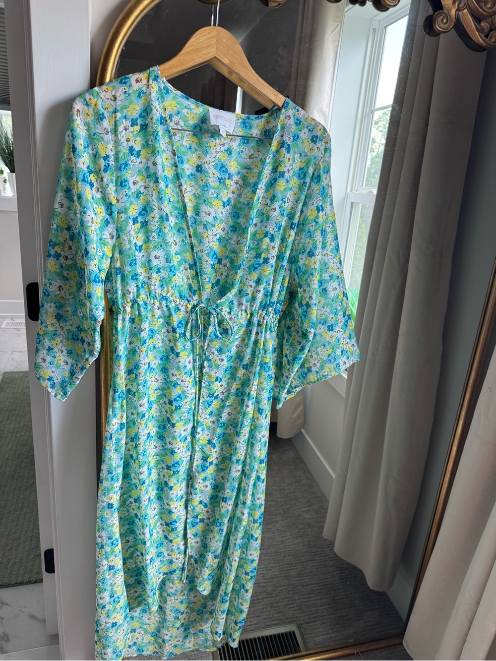 Lightweight Floral Drawstring Women’s Kimono - Blue Green